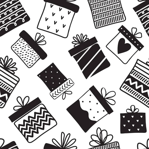 黒と白のギフトボックスの様々なシームレスなパターン モノクロの落書きの祭りの背景が表示されます 包装紙 ファブリック 北欧スタイルの包装のための休日のデザイン — ストックベクタ
