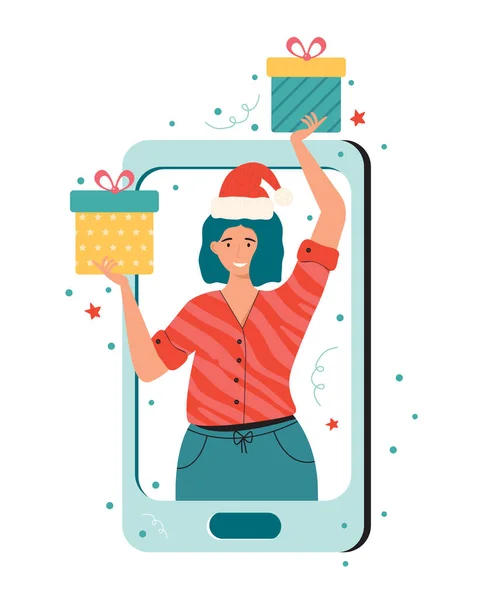 Femme Heureuse Sur Grand Écran Smartphone Dans Chapeau Père Noël — Image vectorielle