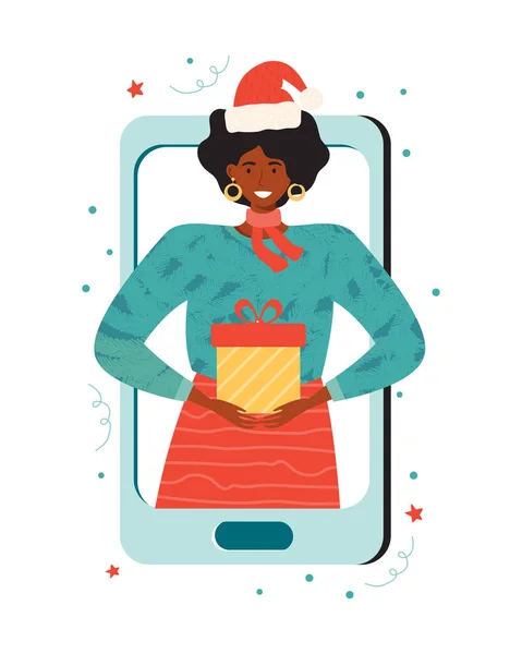 Heureuse Femme Noire Chapeau Père Noël Avec Cadeau Bonne Année — Image vectorielle
