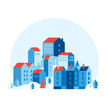 Kış kentsel manzarası minimum geometrik tarzda. Kar kenti şenliği. Noel ağaçları ve kar yığınlarının arasında, tepede konforlu evler. Yeni yıl ve Noel manzarası. Soyut vektör düz illüstrasyon