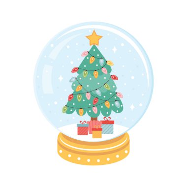 Noel ağacı ve bir Xmas Kartopu içinde renkli çelenkler. Yılbaşı simgesi olan cam bir Noel topu. Fiyonklu hediye kutuları. El çizimi vektör tatil illüstrasyonu.