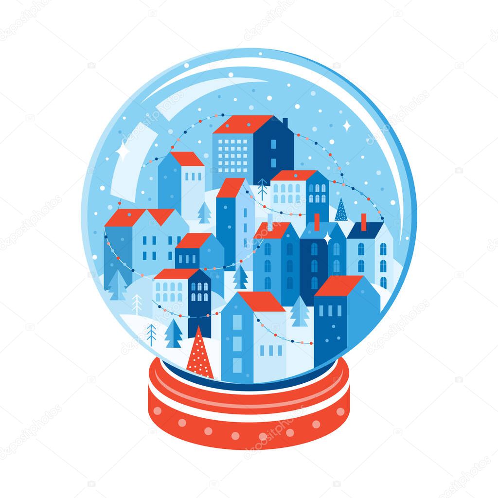 Winter city landscape inside a Christmas glass ball. Xmas Snowball with trees and cozy house in geometric style. New year city with festive garlands on a hill among snowdrifts. Vector illustration