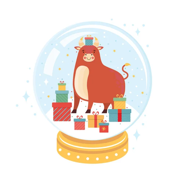 Σύμβολο Του Νέου Έτους Είναι Ένας Ταύρος Σωρό Δώρα Μέσα — Διανυσματικό Αρχείο