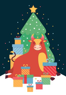 Bir sürü renkli hediye kutusu ve Noel ağacı olan komik bir boğa. Çin yeni yıl sembolü 2021. Mutlu öküz çizgi film karakteri. Poster, arkaplan veya kart için yeni yıl için vektör düz illüstrasyon.
