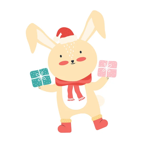 Niedliche Gelbe Baby Kaninchen Weihnachtsmütze Mit Weihnachtsgeschenken Weihnachten Lustige Zeichentricktier — Stockvektor