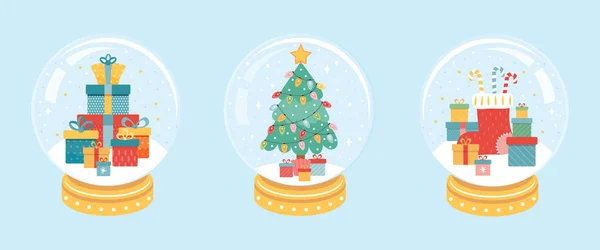 Nyaralás Gyűjtemény Xmas Hógolyó Szilveszteri Üveggolyó Karácsonyfával Egy Halom Ajándékdoboz — Stock Vector