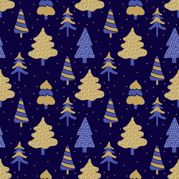 以矢量表示的新年假期无缝图案 黑色背景上的金色和蓝色圣诞树 节日背景在简约的几何风格 冬天的森林 圣诞快乐 新年快乐 — 图库矢量图片