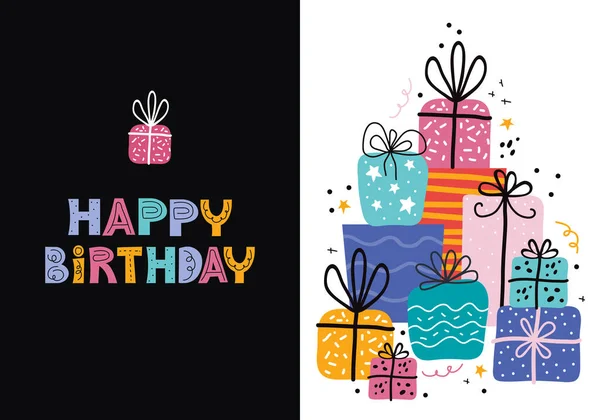 Diseño de tarjetas de felicitación de cumpleaños en vector. Plantilla de banner de fiesta Bday con tipografía de feliz cumpleaños. Montón de cajas de regalos y diferentes elementos gráficos. garabatos dibujados a mano en estilo escandinavo — Vector de stock
