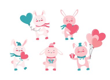 Sevgililer günün kutlu olsun tatili. Kalpleri ve hediyeleri olan sevimli pembe tavşanların koleksiyonu. Aşık çizgi film karakteri hayvanı. Sevgililer günü kartı olan romantik bir tavşan. Vektör düz resimleme.