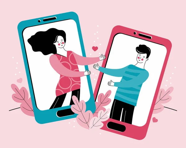 Aşık bir erkek ve kadın internet üzerinden uzaktan iletişim kurarlar. Sanal ilişkiler, online buluşma, sohbet. Genç bir çift, akıllı telefondan görüntülü bir konuşma yapıyor. Sevgililer Günü için afiş
