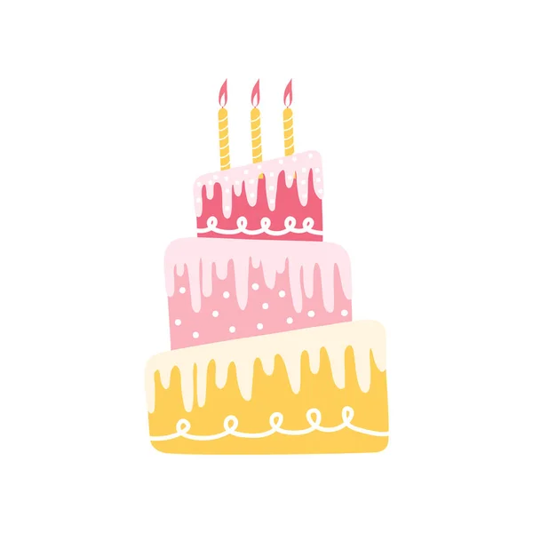 Üç katlı mutlu tatil kremalı pastaları. Beyaz arka planda izole edilmiş yanan mumlarla süslenmiş doğum günü pastası. Bir fırın ya da pastane logosu. Şenlikli tatlılar. El çizimi vektör illüstrasyonu — Stok Vektör