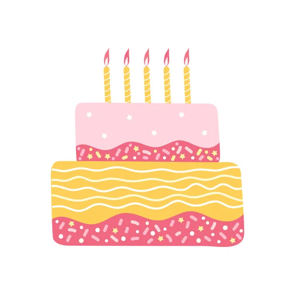 2層で幸せな休日のクリームケーキ。白い背景に隔離された燃えるろうそくと装飾された誕生日ケーキ。パン屋や菓子屋のロゴ。お菓子だ。手描きベクトルイラスト. — ストックベクタ