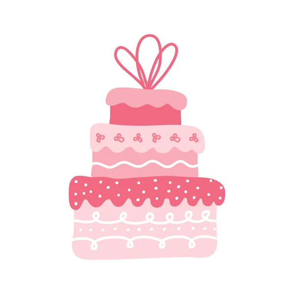 A large pink cream cake with three tiers. Ornate decorated wedding cake isolated on a white background. Logo or an icon for a bakery or pastry shop. Festive sweets. Hand drawn vector illustration. — Stock Vector
