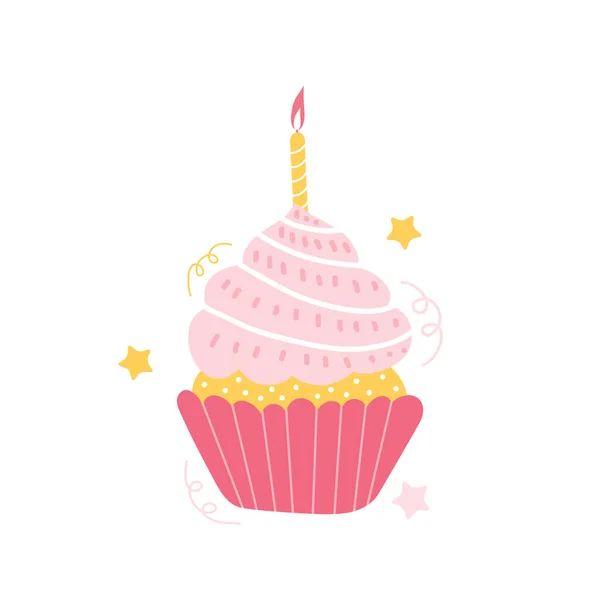 燃えるような休日のキャンドルで飾られたピンクのクリームと小さなカップケーキ 結婚式 誕生日 記念日のお祝いケーキは白い背景に隔離されています 休日のお菓子 手描きベクトルイラスト — ストックベクタ