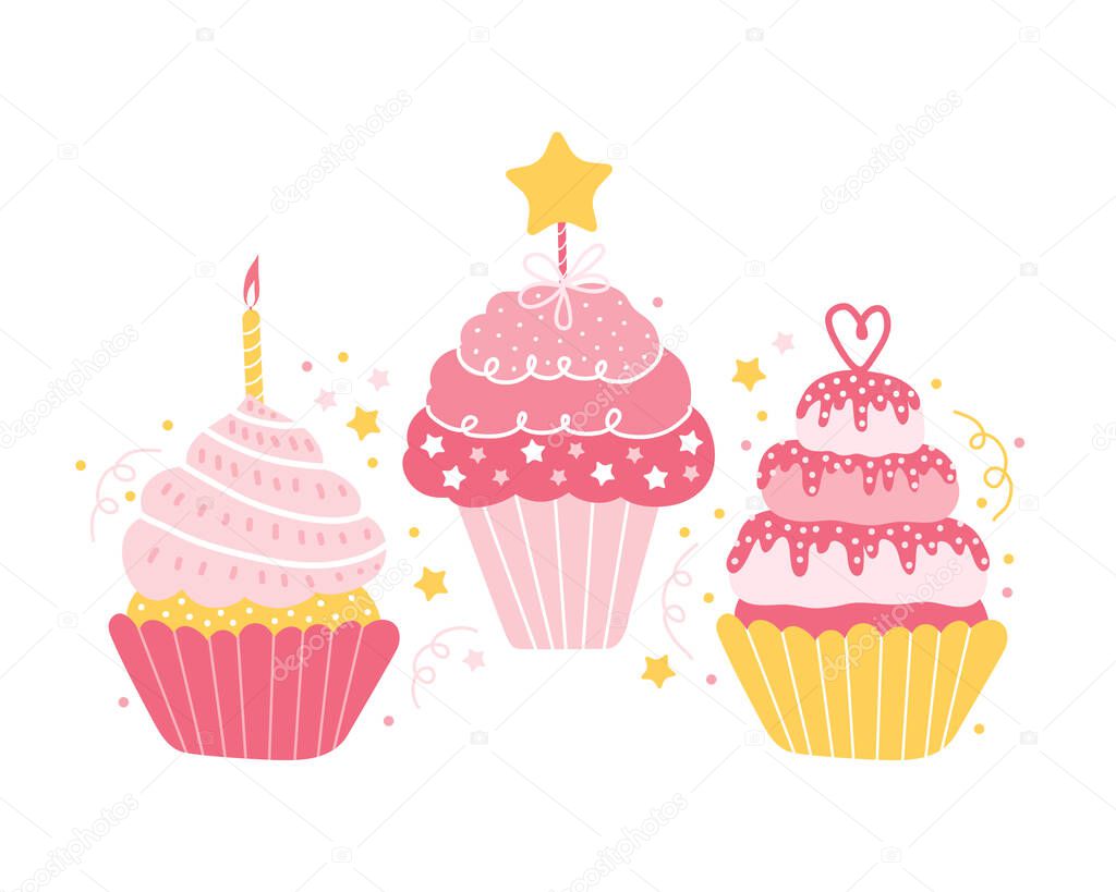 Set of different festive pink cupcakes isolated on a white background. Holiday cake for a wedding, birthday, anniversary. Elements for greeting card in cartoon style. Hand drawn vector illustration