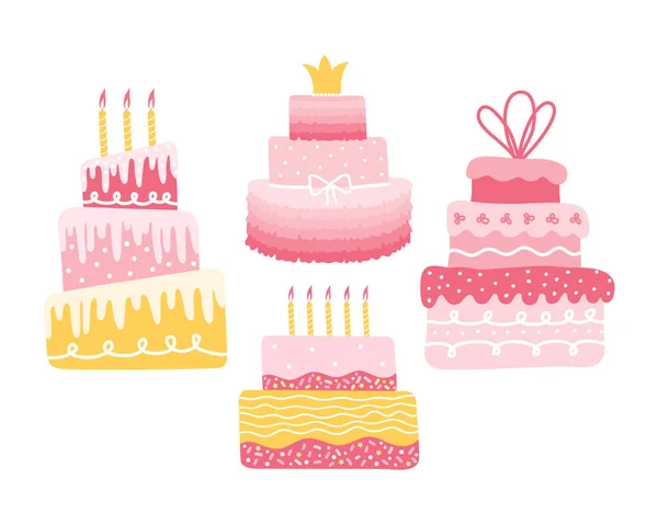 Sammlung Von Verschiedenen Festlichen Kuchen Mit Rosa Sahne Und Kerzen — Stockvektor