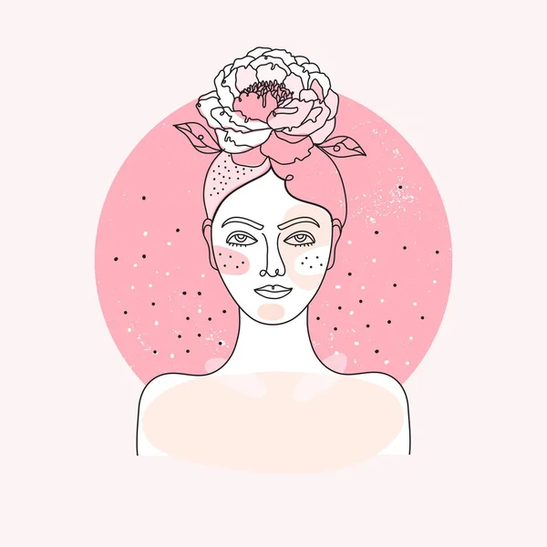 Cara Mujer Estilo Arte Línea Continua Con Flores Hojas Retrato — Archivo Imágenes Vectoriales