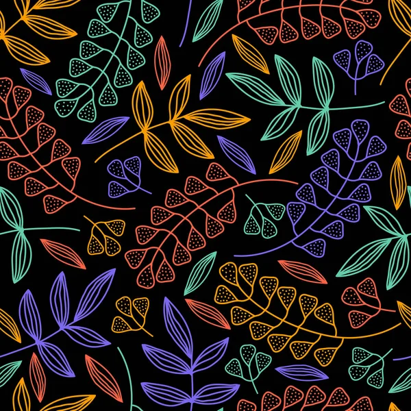 Seamless floral pattern of bright neon branches and leaves on a black background. Hand-drawn vector plant elements in one continuous art line. Modern trendy design for print, fabric, packaging paper. — Stock Vector