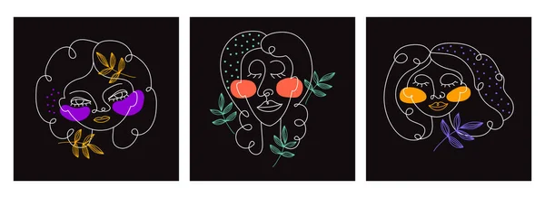 現代の女性肖像画のコレクション 連続したアートラインに描かれた女性の顔を描いた 抽象的な構成 現代のポスターのデザインのためのネオンカラーのミニマリストイラスト — ストックベクタ