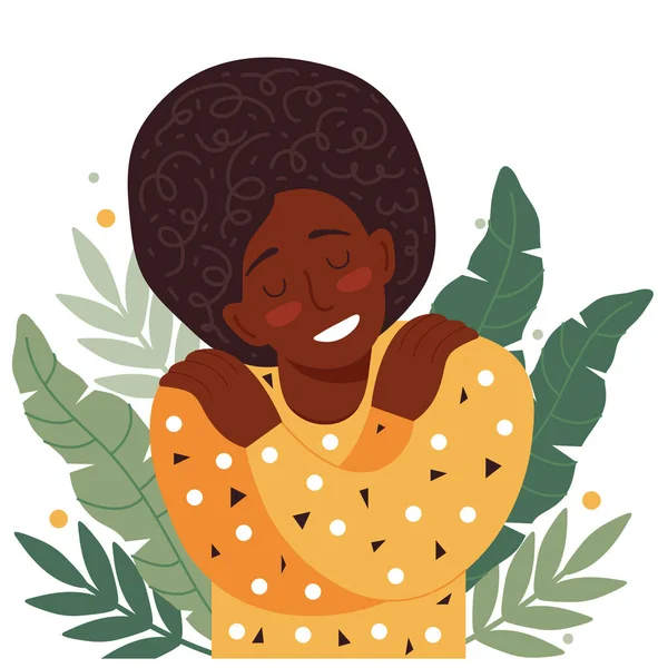 Konzept der Selbstliebe, Pflege, Akzeptanz, gesunder Lebensstil. Afroamerikanerin mit geschlossenen Augen lächelt und umarmt sich. Körperliche und psychische Gesundheit. Glückliche weibliche Zeichentrickfigur. — Stockvektor