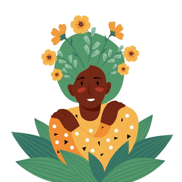 Liebe dich selbst, Pflege, Akzeptanz, psychische Gesundheit, Glück, Körper positiv, Harmonie kreatives Konzept. Afroamerikanerin mit Blumen im Haar lächelt und umarmt sich. Flache Vektorillustrationen — Stockvektor