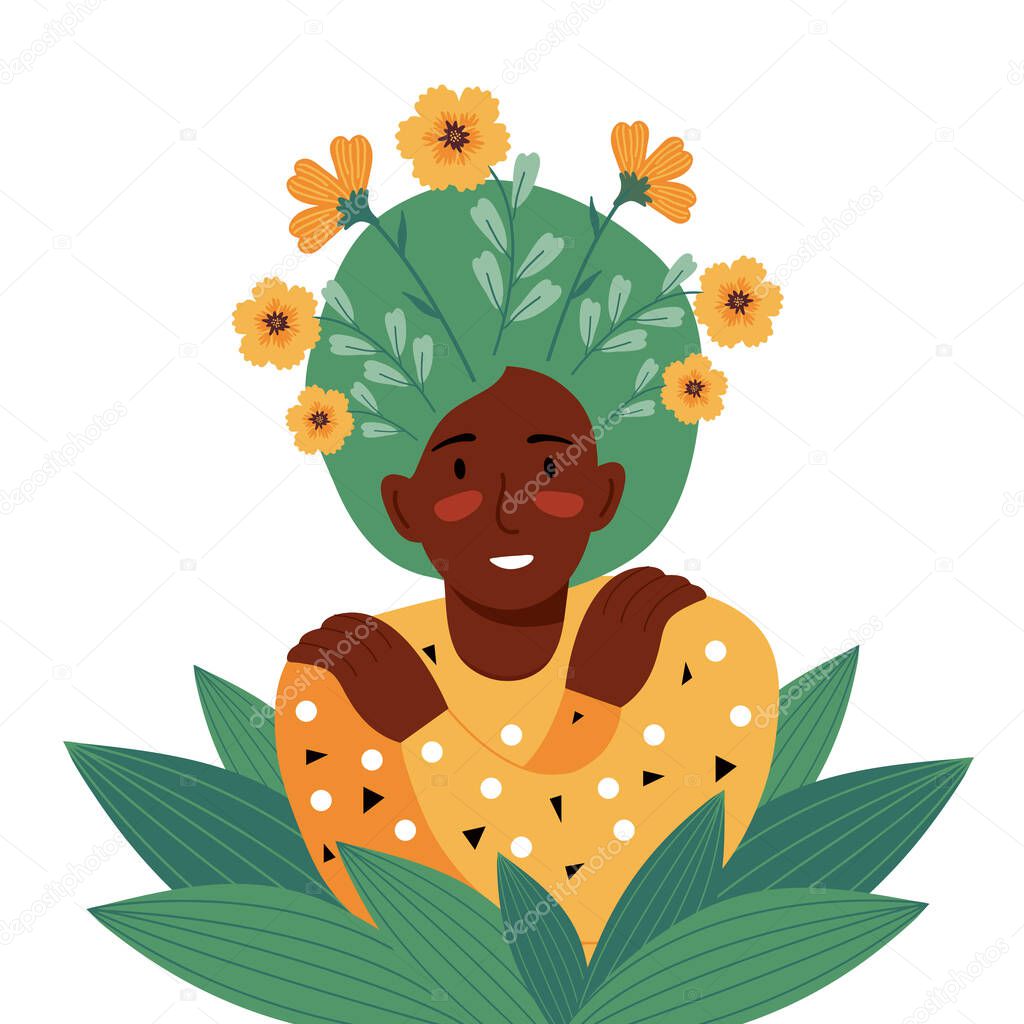 Love yourself, care, acceptance, mental health, happiness, body positive, harmony creative concept. African american woman with flowers in hair smiling and hugs herself. Flat vector illustrations