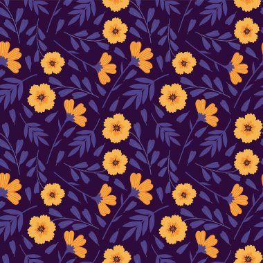 Çiçeklerin açtığı çayırın pürüzsüz deseni. Farklı sarı kır çiçekleri, tomurcuklar, yapraklar, koyu mor bir arka planda. Vektör düz çizim. Modaya uygun çiçek baskısı