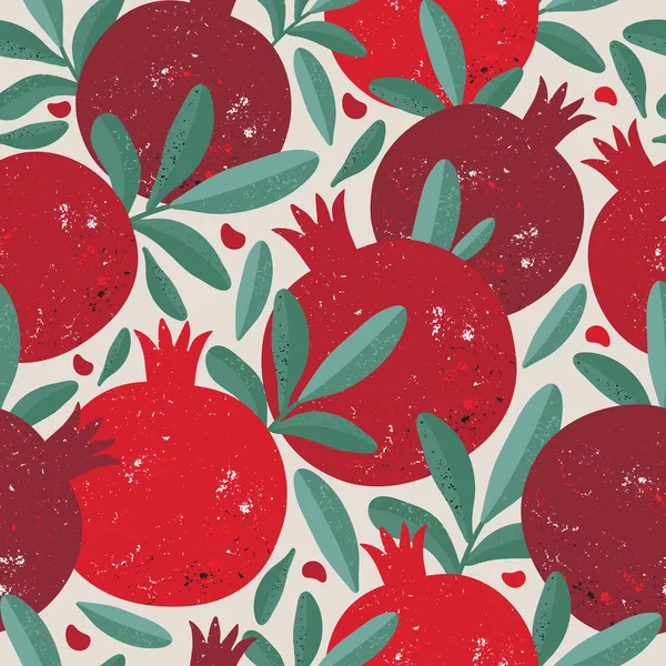 Patrón sin costuras con frutos de granada roja y semillas sobre un fondo vintage. Frutas tropicales jugosas. Papel pintado de diseño, tela, papel de envolver o decoración. ilustración dibujada a mano. — Vector de stock