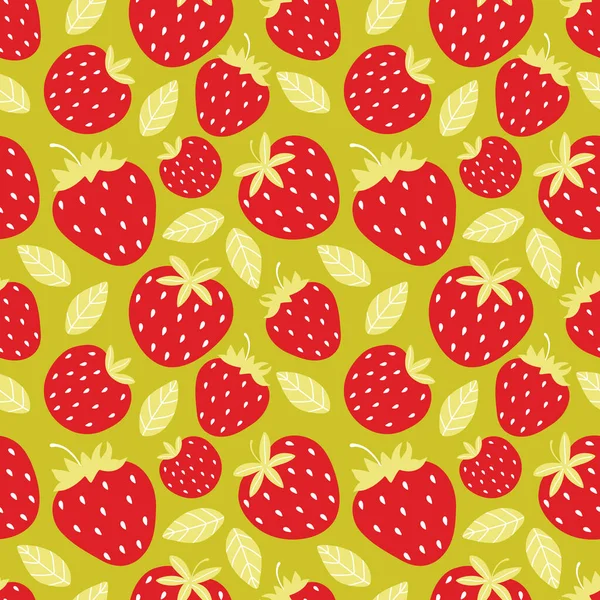Seamless pattern of juicy red strawberries on a green background. Whole and half sweet berries. Summer colorful background. Hand drawn vector in Scandinavian style. Texture design for kids textiles. — Stock Vector