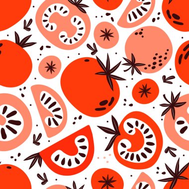 Kusursuz kırmızı ve pembe domates deseni. Dilimlenmiş, yarısı, tüm domates beyaz arka planda. Sağlıklı sebze vektör dokusu. Vegan, çiftlik, organik, detoks. Basit modada elle çizilmiş illüstrasyon