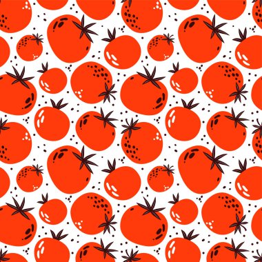 Kusursuz kırmızı ve pembe domates deseni. Beyaz arka planda olgun sebzeler. Vejetaryen sağlıklı besin vektör dokusu. Vegan, çiftlik, organik, detoks. Basit bir moda ile el çizimi illüstrasyon.