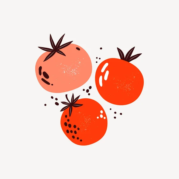 Tomates rojos y rosados. Hortalizas en estilo plano de moda. Composición artística de un tomate maduro. Comida saludable. Diseño de póster, tarjeta, menú, impresión, publicidad de los agricultores del mercado. Ilustración vectorial dibujada a mano — Vector de stock