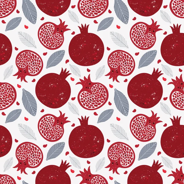 Seamless pattern with red pomegranate fruits and seeds on white background. Juicy tropical fruits. Design wallpaper, fabric, wrapping paper or decoration. Hand drawn illustration in vintage style. — Stock Vector