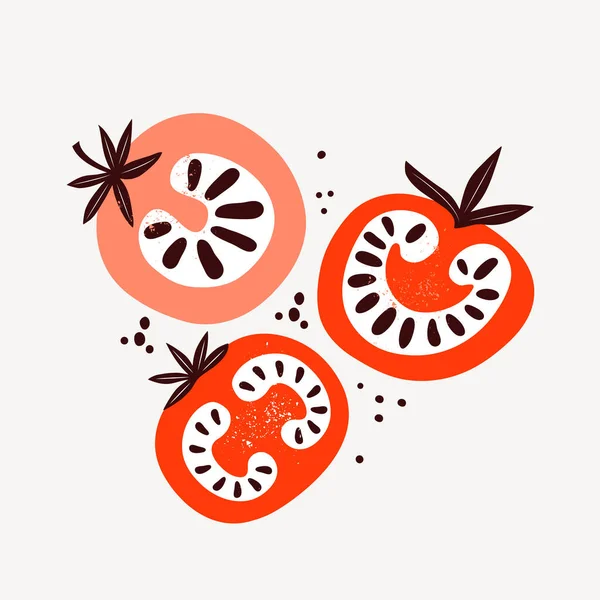 Rote und rosa Tomaten. Gemüse im flachen, trendigen Stil. Tomate halbieren. Gesunde Ernährung. Design für Plakat, Karte, Speisekarte, Druck, Werbung Bauernmarkt. Handgezeichnete Vektorillustration. — Stockvektor