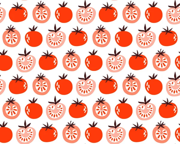 Sömlösa mönster av röda och rosa tomater. Skiva, hälften, hela tomaten på vit bakgrund. Friska grönsaker vektor struktur. Vegansk, ekologisk, avgiftning. Hand dras illustration i trendig enkel stil — Stock vektor
