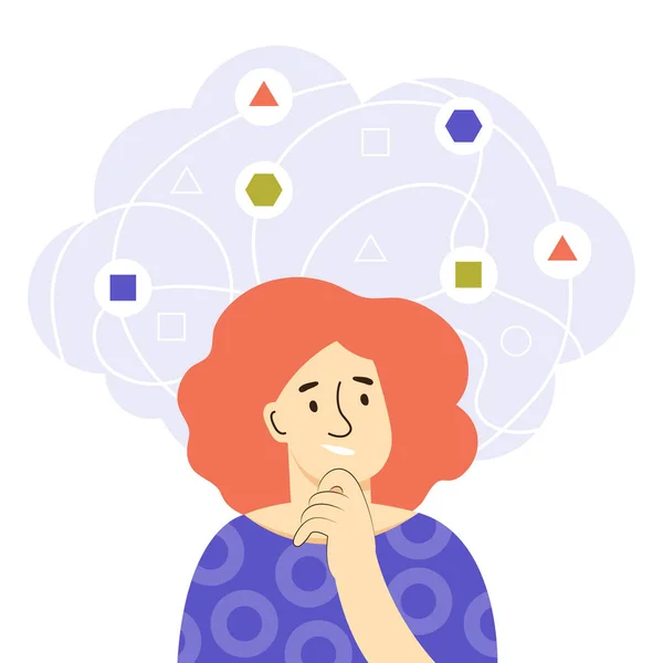 Una joven piensa en resolver problemas. Concepto de comportamiento mental. Toma de decisiones y pensamiento lógico en tareas difíciles. Gestión de problemas con habilidades de análisis. Ilustración vectorial plana a color. — Vector de stock