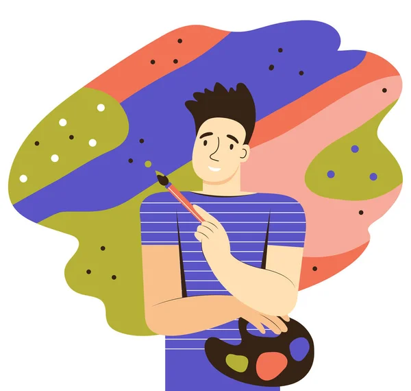 Young man paints with paints. Creative imagination. Mind behavior concept. An artist with a brush and paints. Mental mindset, leisure pastime, hobby, positive thinking. Flat vector illustration. — Stock Vector