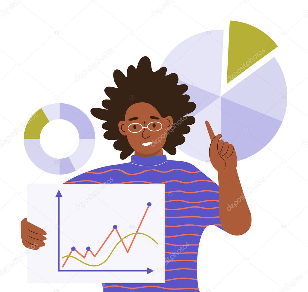 A young black woman shows work schedules and diagrams. Working with big data, analyzing and auditing business processes. Analytics, management and multitasking. Color flat vector illustration.
