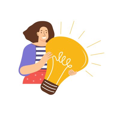 Woman holds a large light bulb in her hands. New creative idea, problem solved, creative thinking, startup, innovation, brainstorming, brain activity, motivation, inspiration. Vector flat illustration