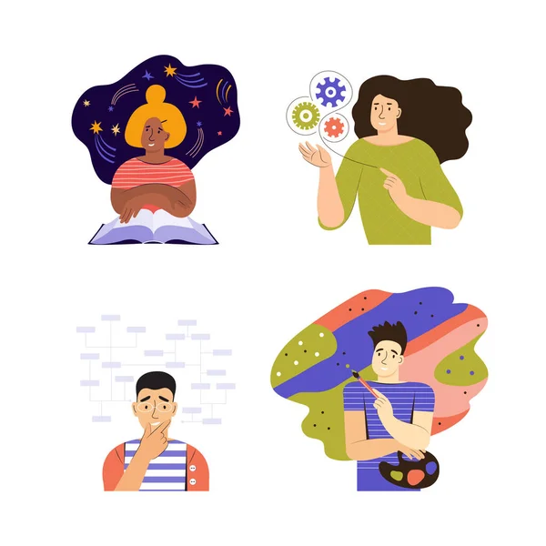 Set of people with different mental mindset types or models. Mind behavior concept. Creative, imaginative, logical and structural thinking. Psychological mindset difference. Flat vector illustration. — Stok Vektör