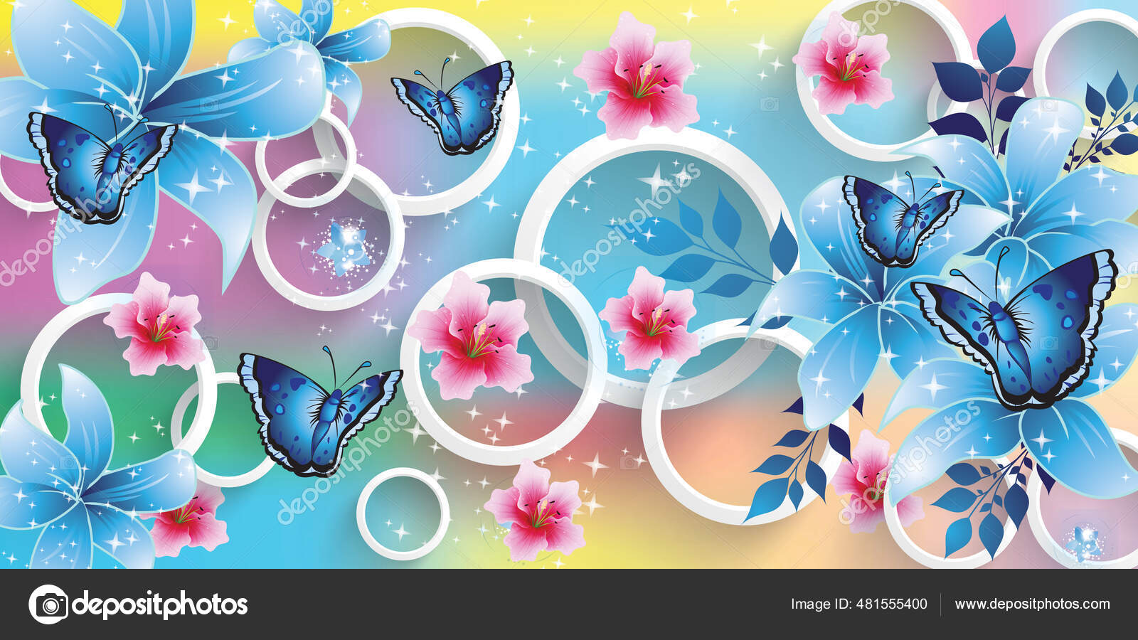 Mural Illustration Background Butterfly Flowers Circles Decorative Art