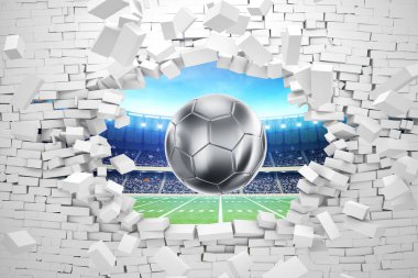 Soccer Ball breaks brick wall at the stadium Crush the brick wall, 3d illustration clipart