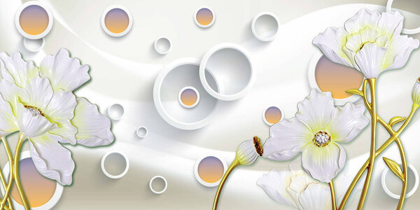 3D фреска иллюстрации фон с бабочкой и цветами, круги декоративного искусства обои