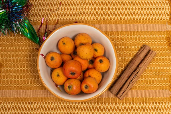 Tejocote Fruits Bowl Traditional Mexican Pinata Cinnamon Yellow Tablecloth — Stock Photo, Image