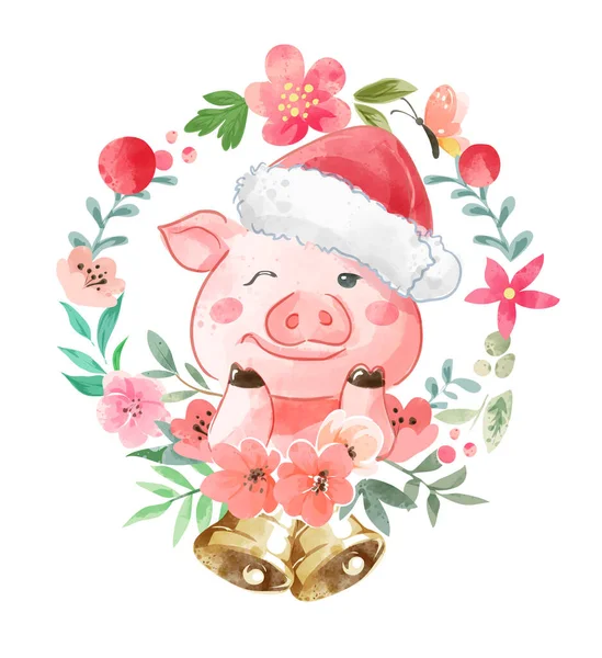 Lindo Cerdo Dibujos Animados Sombrero Navidad Flores Colores Ilustración — Vector de stock