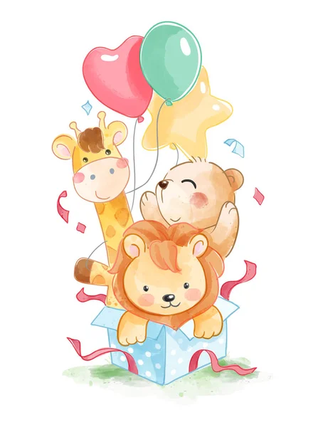 Cute Animals Colorful Balloons Gift Box Illustration — Stock Vector