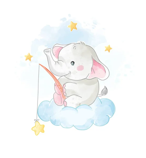 Elefante Bonito Dos Desenhos Animados Nuvem Com Ilustração Das Estrelas —  Vetores de Stock
