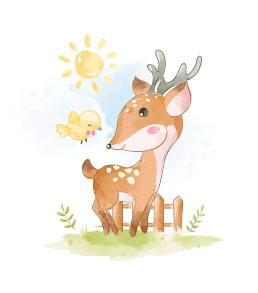 Cartoon Deer Little Bird Illustration — Stock Vector