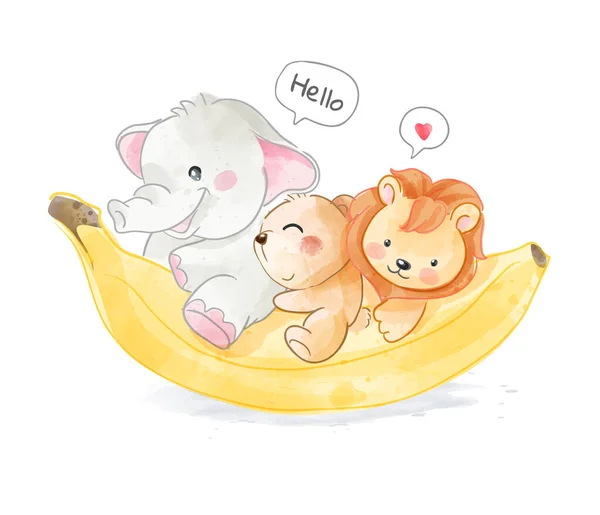 Niedliche Wilde Tiere Freundschaft Mit Bananen Illustration — Stockvektor