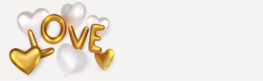 yatay aşk bayrağı altın krom harf ve boşluklu inci beyaz balonlar